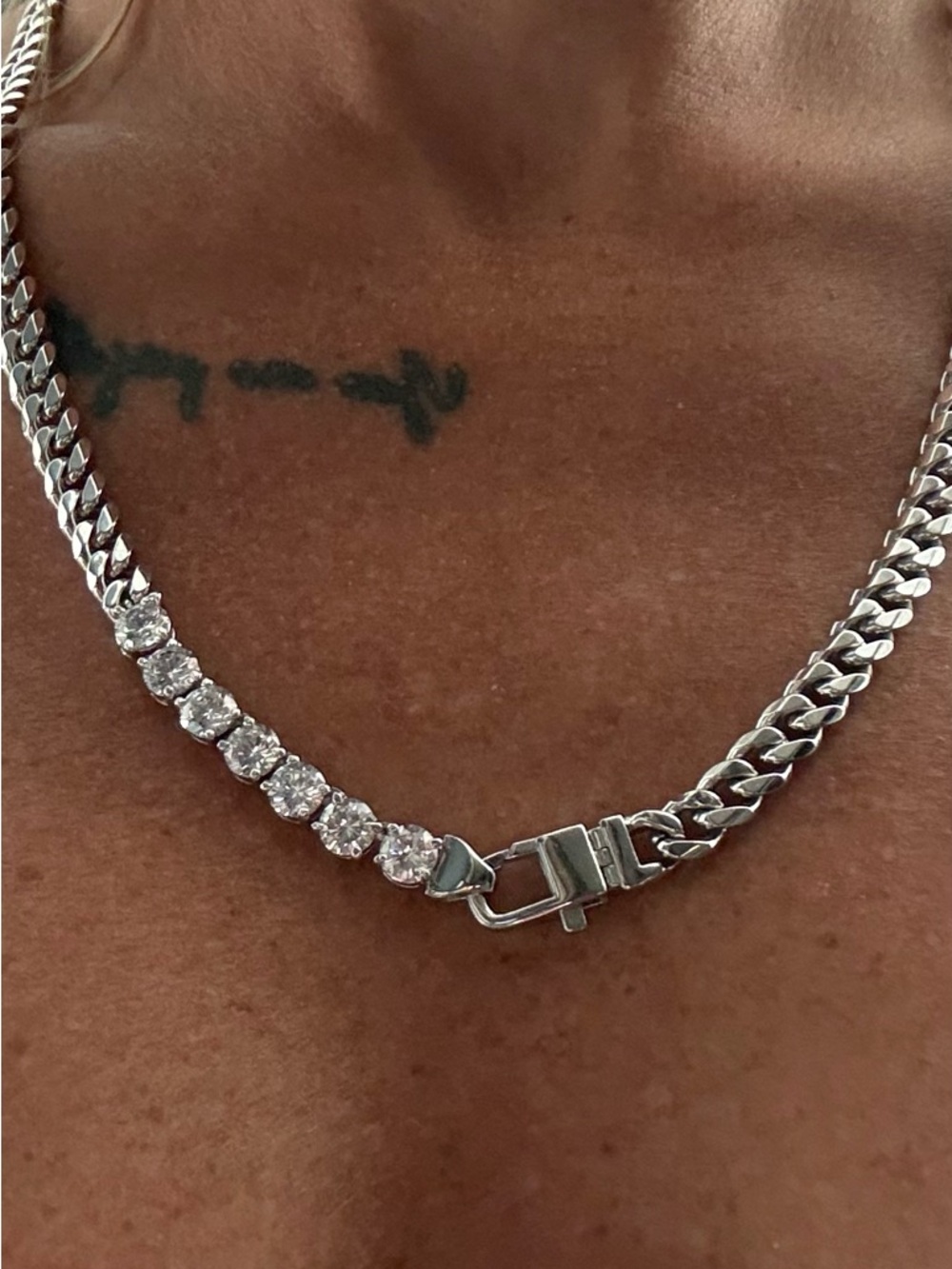 Silver Cuban Link & Tennis Chain Combo Necklace with Clear Stones